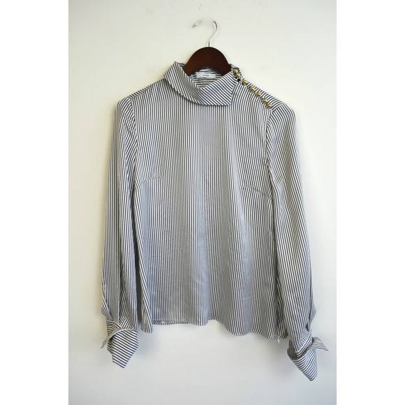 ERDEM Grey White Gold Cuff Link FLORINN Pin-Stripe Satin Blouse 6 US 10 42 38 36 - Picture 5 of 12